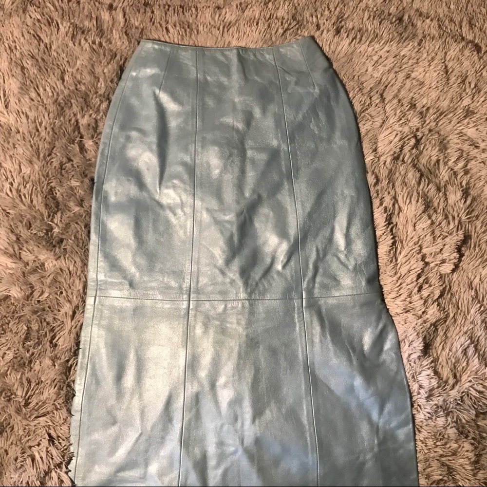 Pastel Blue Bell Genuine Leather Side Slit Skirt